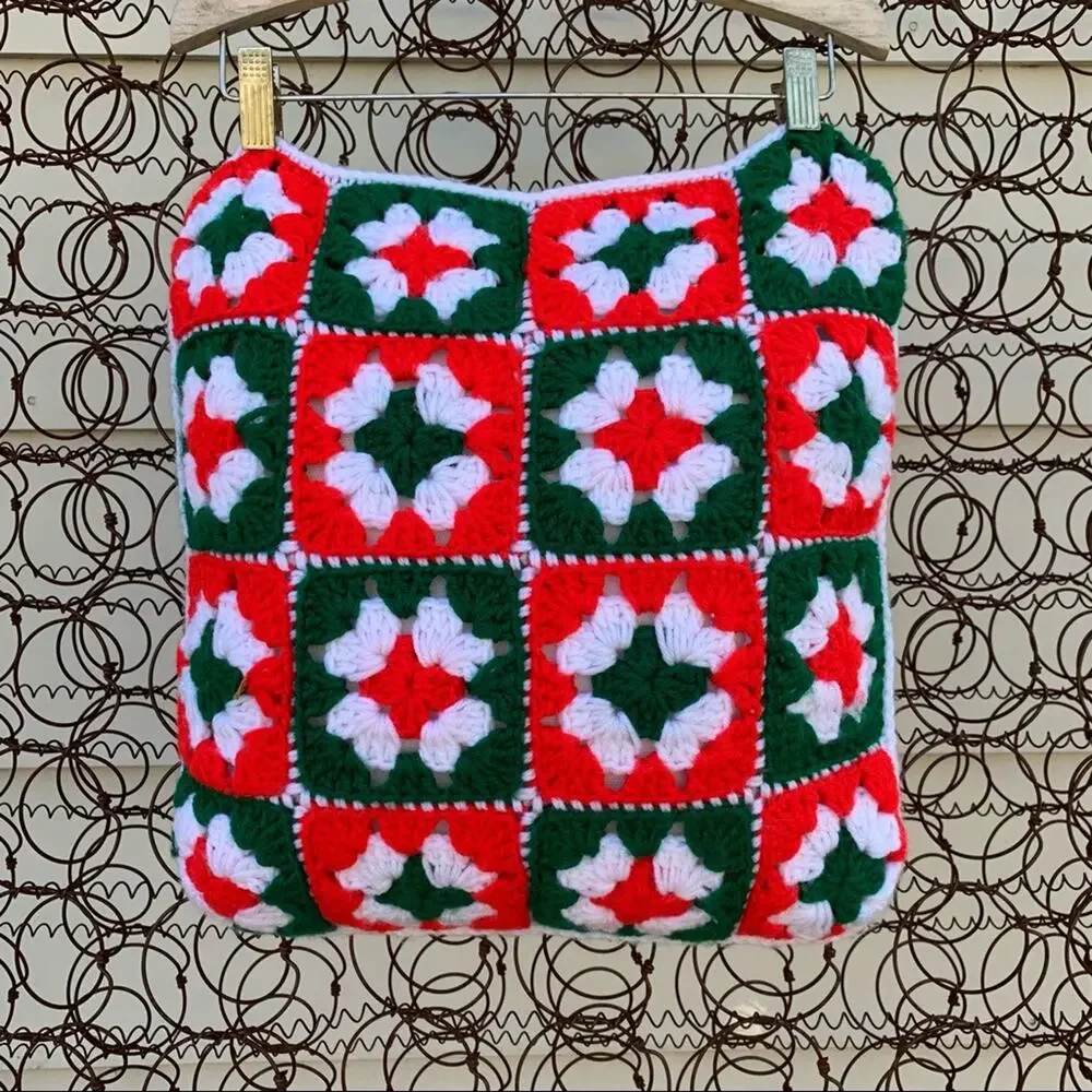 Vintage crochet granny square Christmas pillow red green